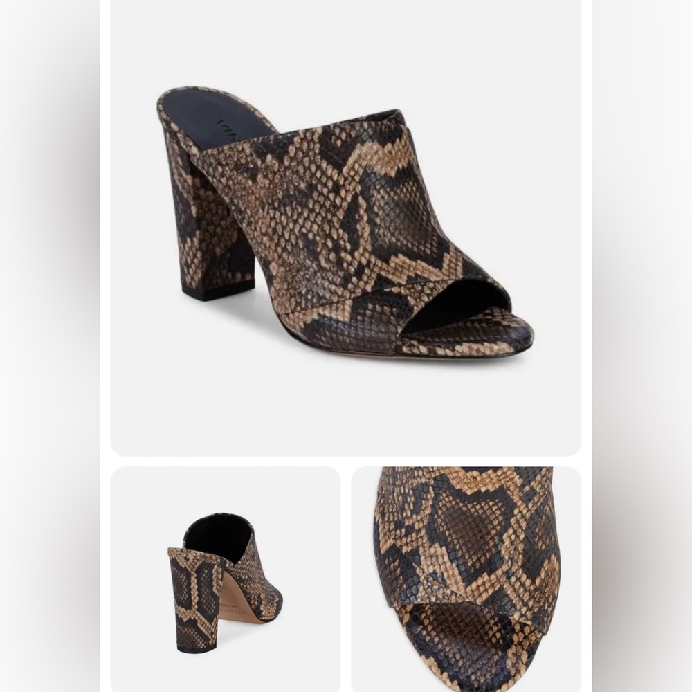 VINCE snake print heeled mules